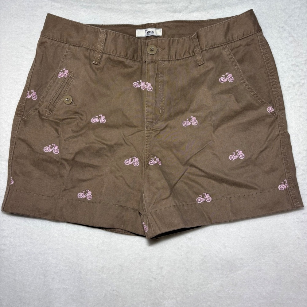 GH Bass & Co Womens Brown Pink Bicycle Embroidered Chino Shorts Size 6